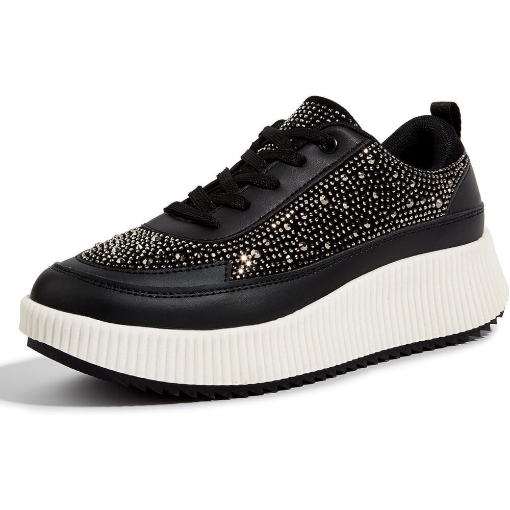Brand New Women Black Synthetic Rubber Rhinestone Platform Chunky Sneakers